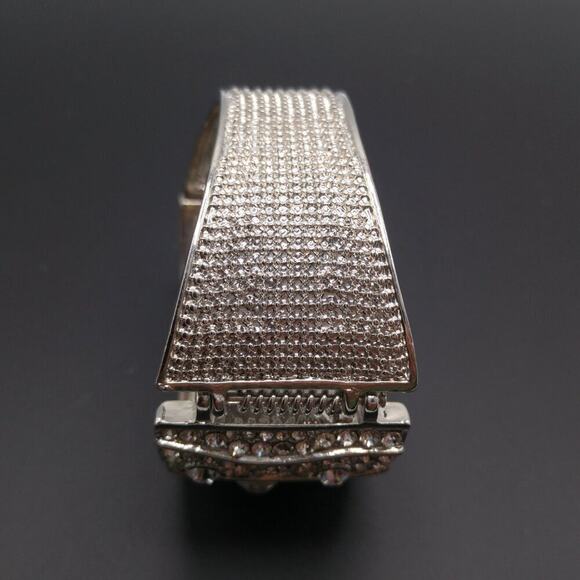 Wide Clear Rhinestone Cuff Hinged Bracelet, Silver Tone, 7 1/2 Inches - Picture 5 of 8